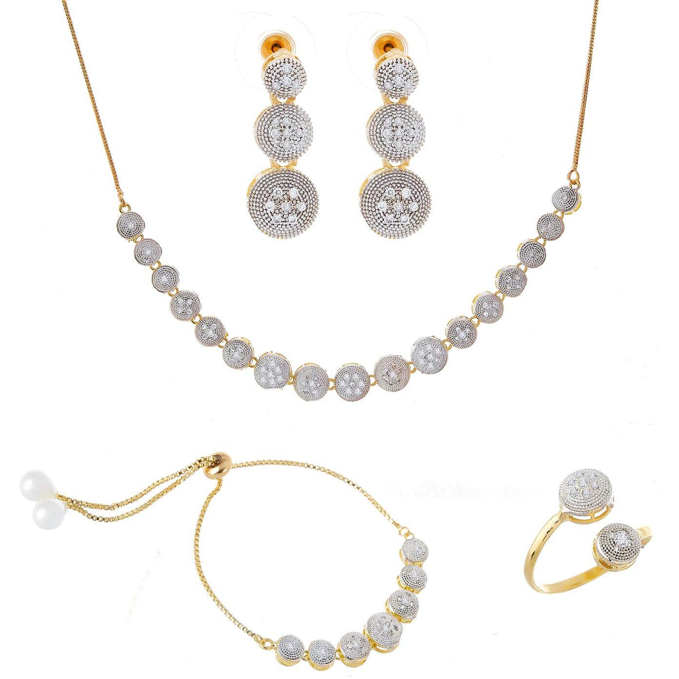 ZENEME Jewellery Set for Women American Diamond Combo of Necklace Set with Earrings, Bracelet and Ring for Girls and Women (Silver)