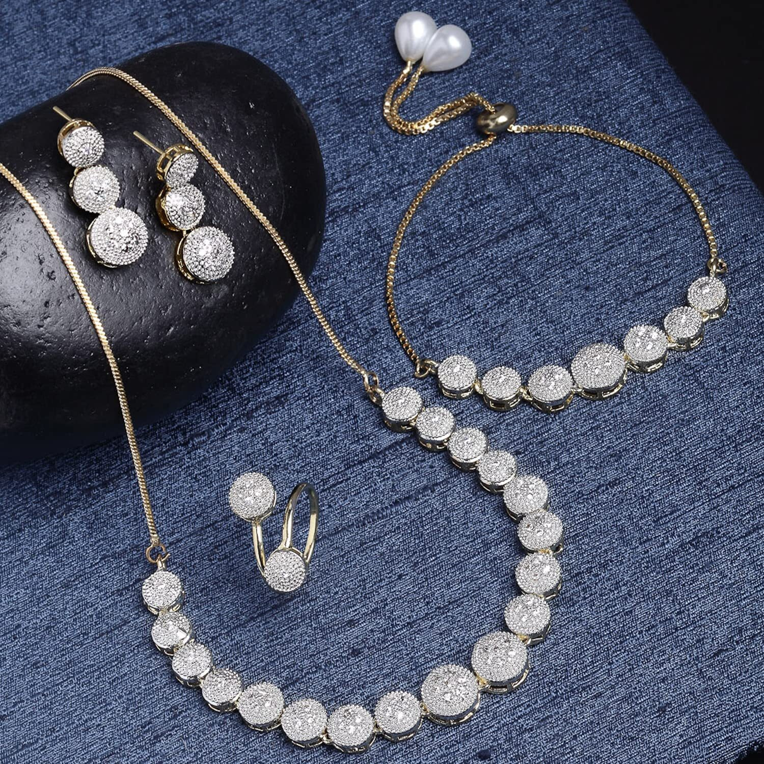 ZENEME Jewellery Set for Women American Diamond Combo of Necklace Set with Earrings, Bracelet and Ring for Girls and Women (Silver)
