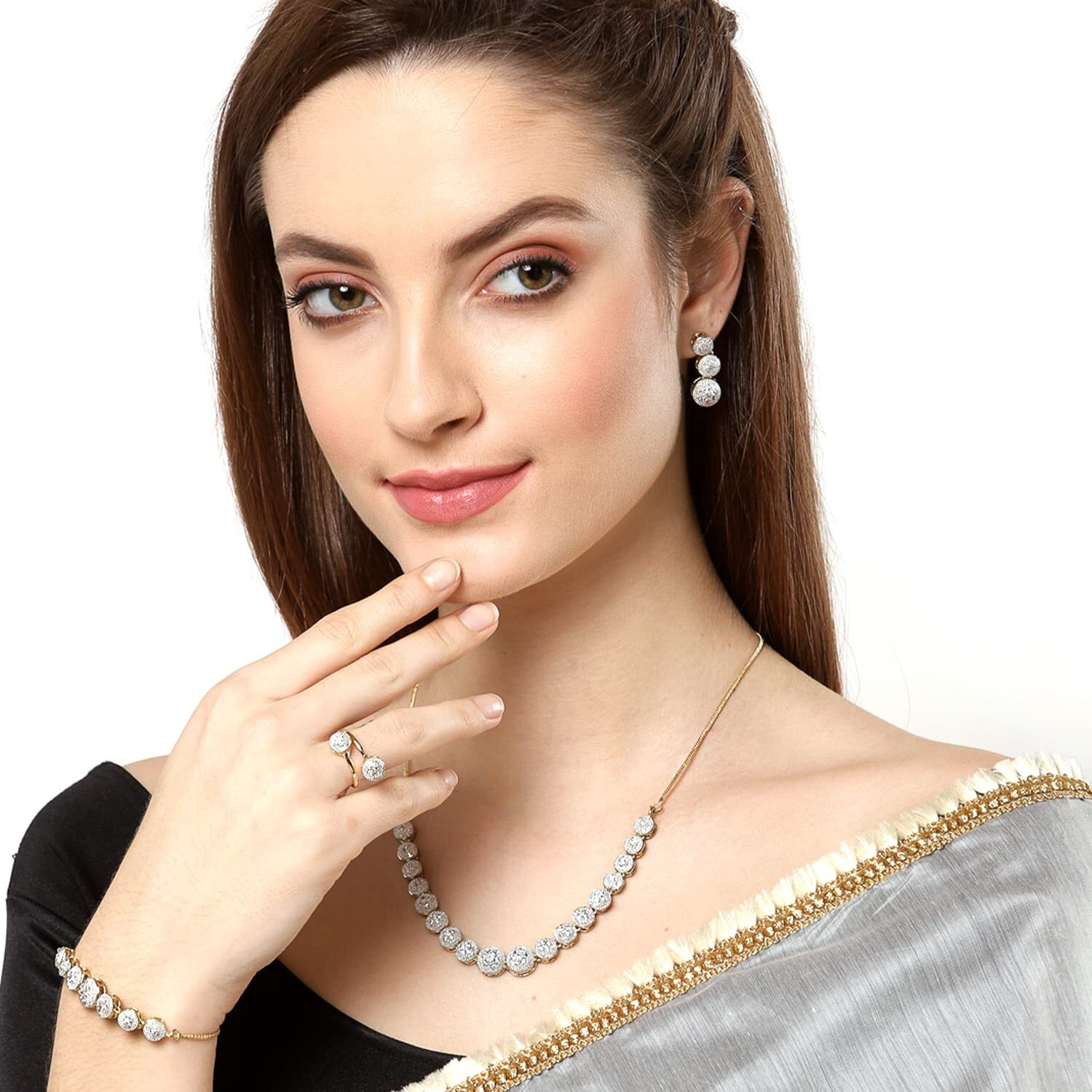 ZENEME Jewellery Set for Women American Diamond Combo of Necklace Set with Earrings, Bracelet and Ring for Girls and Women (Silver)