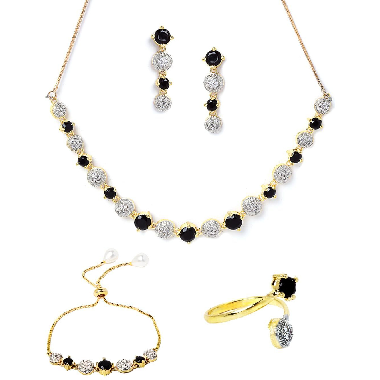ZENEME American Diamond Traditional Stylish Fashion Jewellerry Combo of Necklace Pendant Set With Ring Bracelet Earring for Women and Girls (Black)