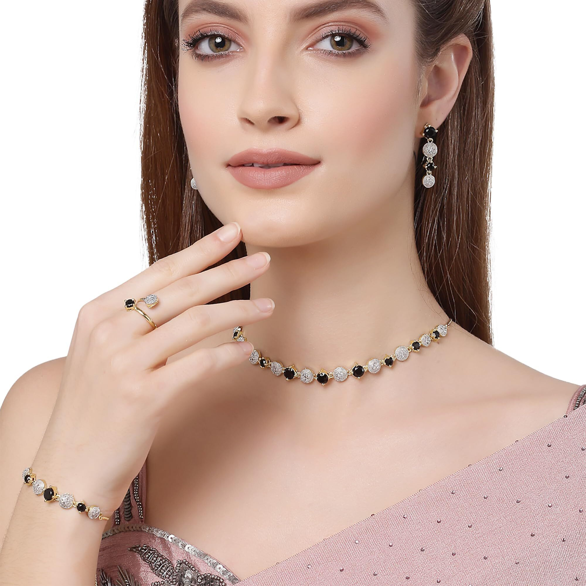 ZENEME American Diamond Traditional Stylish Fashion Jewellerry Combo of Necklace Pendant Set With Ring Bracelet Earring for Women and Girls (Black)