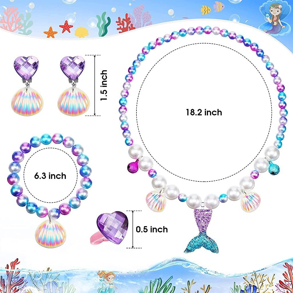 SANNIDHI Set of 5 Mermaid Necklace Bracelet Set for Girls Jewelry Kit Pearl Beads Necklace Bracelet Seashell Earrings Ring Combo Set for Party Costume Jewelry Supplies for Toddler Kids Gift