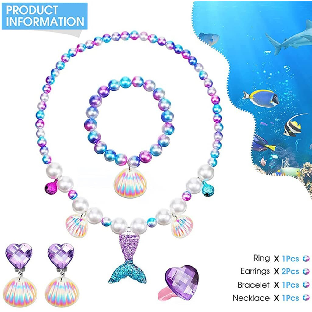 SANNIDHI Set of 5 Mermaid Necklace Bracelet Set for Girls Jewelry Kit Pearl Beads Necklace Bracelet Seashell Earrings Ring Combo Set for Party Costume Jewelry Supplies for Toddler Kids Gift