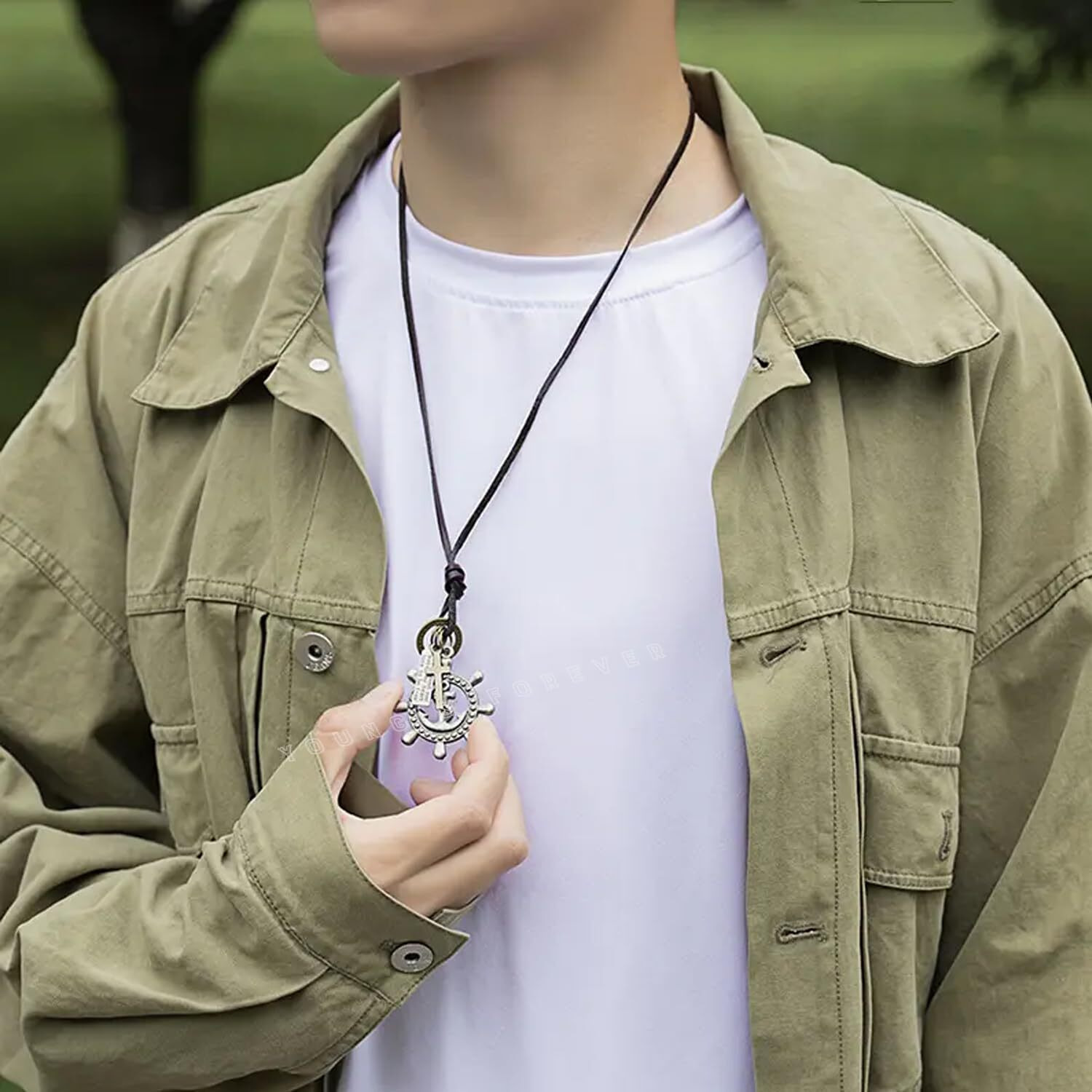 Young & Forever Gift Men-Tastic Collection Boho Bohemian Vintage Antique Anchor Rudder Pendant Adjustable Leather Cord Mens Necklace for Men Women