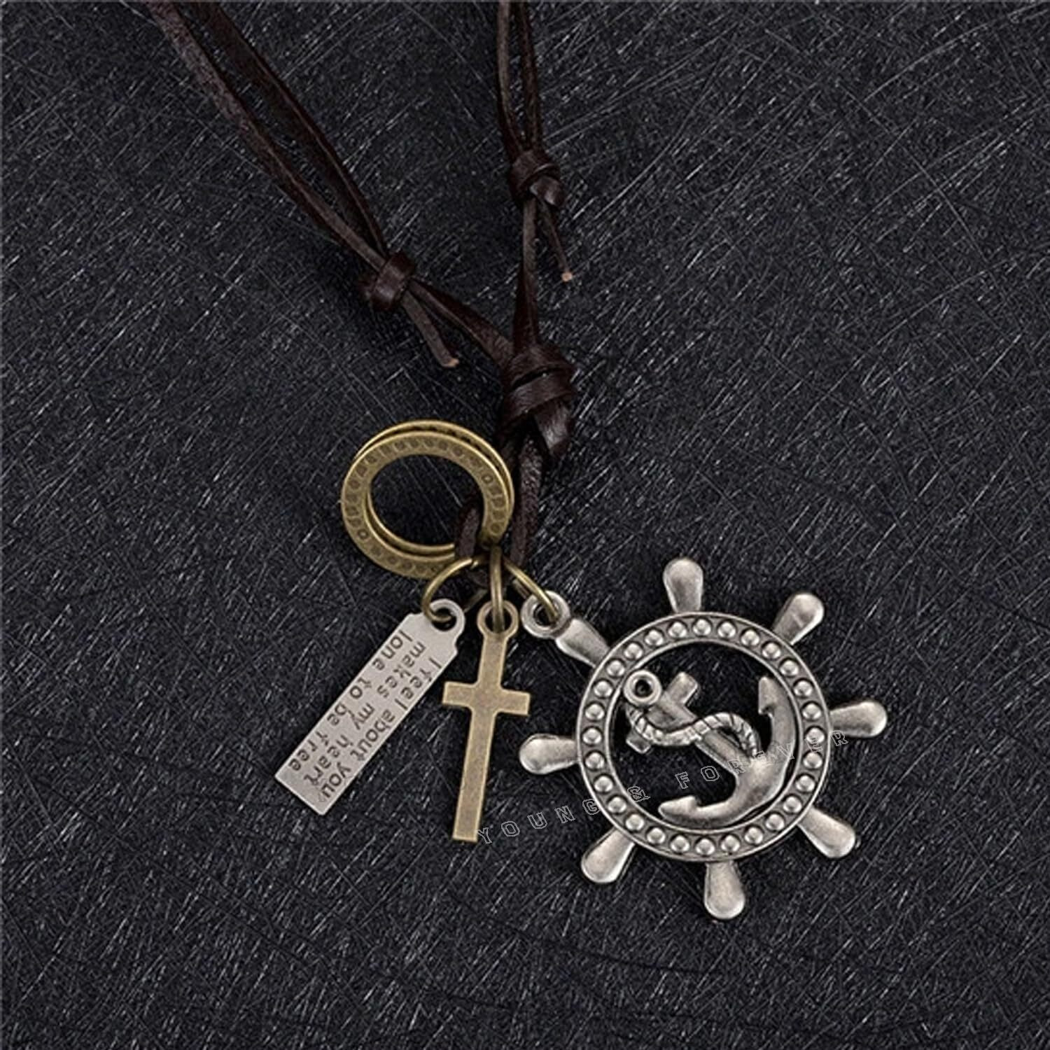 Young & Forever Gift Men-Tastic Collection Boho Bohemian Vintage Antique Anchor Rudder Pendant Adjustable Leather Cord Mens Necklace for Men Women