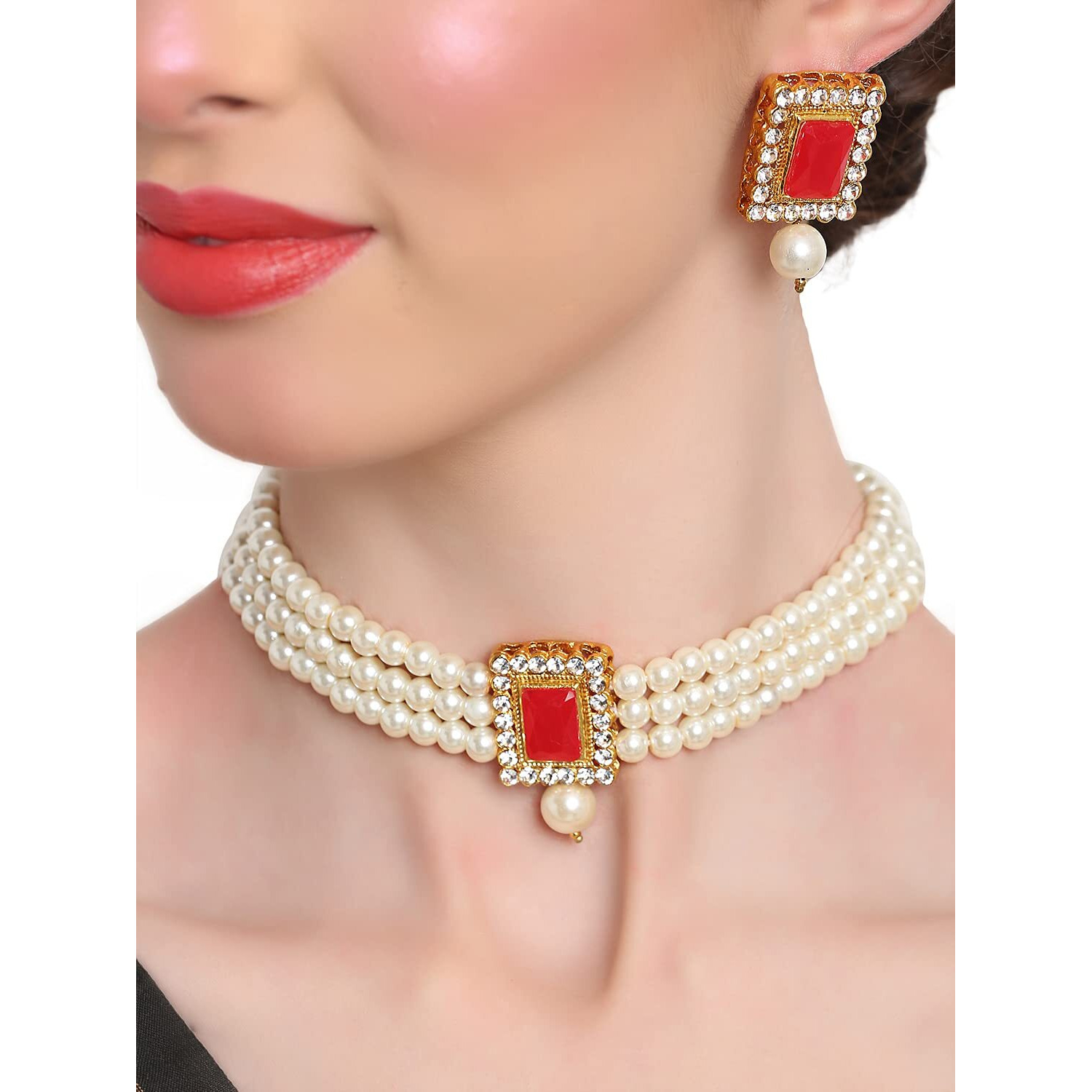 Shining Diva Fashion Latest Stylish Choker Traditional Pearl Necklace Jewellery Set for Women (Red)(A12288s), One
