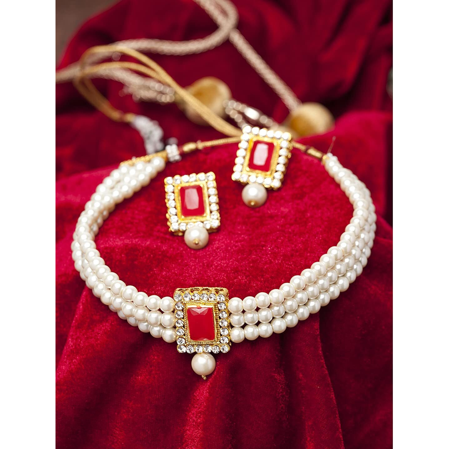 Shining Diva Fashion Latest Stylish Choker Traditional Pearl Necklace Jewellery Set for Women (Red)(A12288s), One