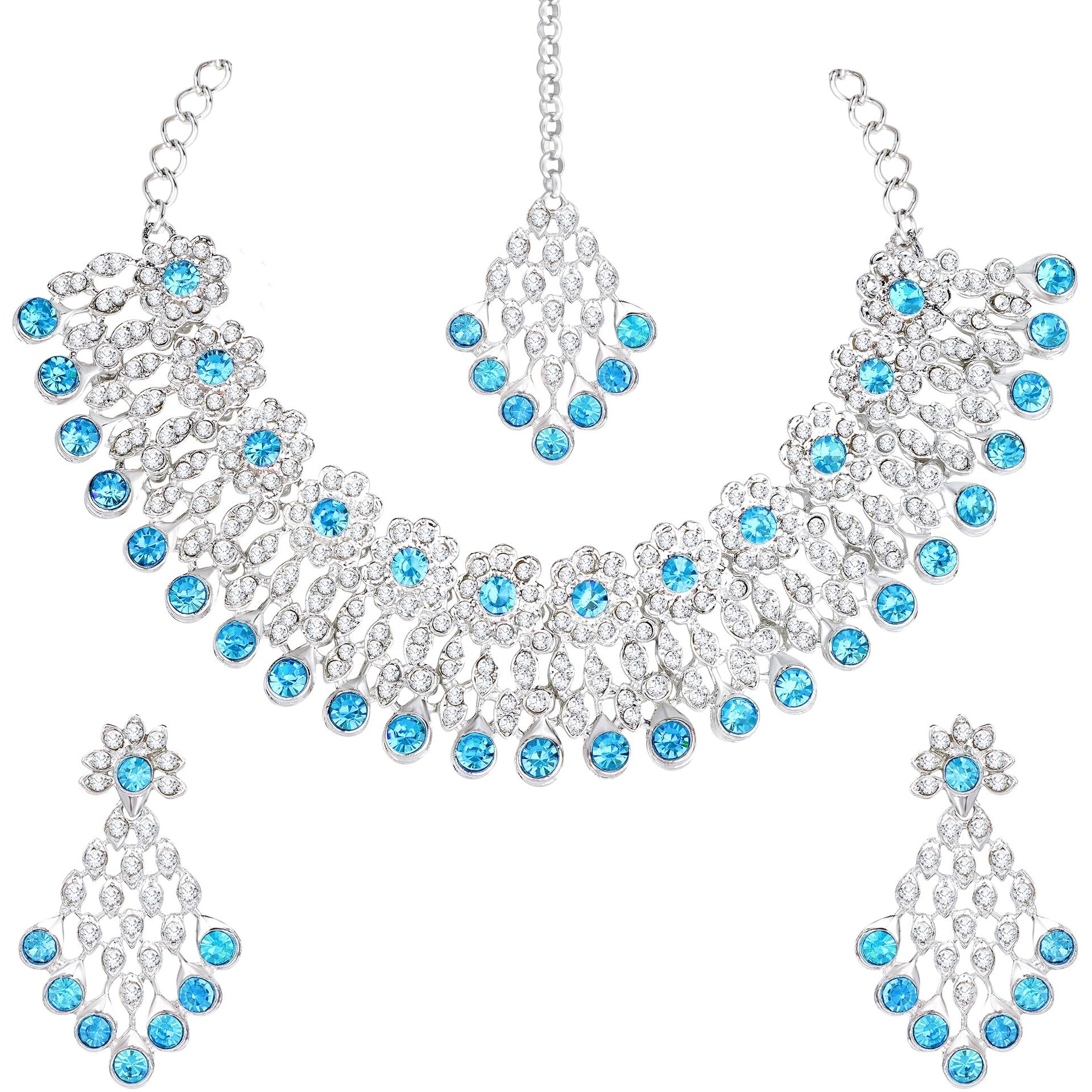 Atasi International Silver Plated Kundan Necklace Set with Earrings and Maang Tikka For Women Suitable for Bridal, Wedding, Party & Festive (Silver, Blue)