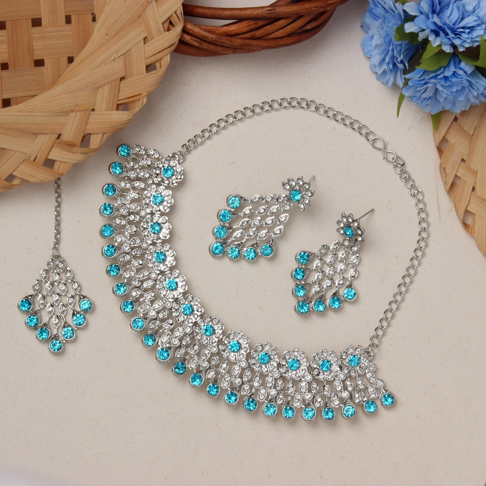 Atasi International Silver Plated Kundan Necklace Set with Earrings and Maang Tikka For Women Suitable for Bridal, Wedding, Party & Festive (Silver, Blue)