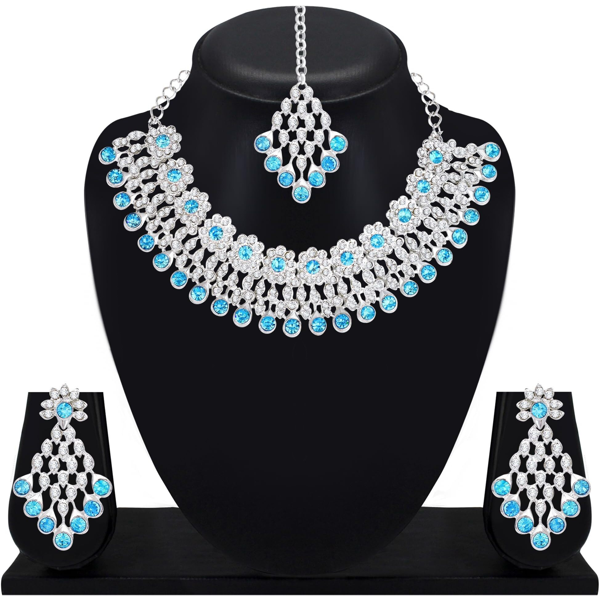 Atasi International Silver Plated Kundan Necklace Set with Earrings and Maang Tikka For Women Suitable for Bridal, Wedding, Party & Festive (Silver, Blue)