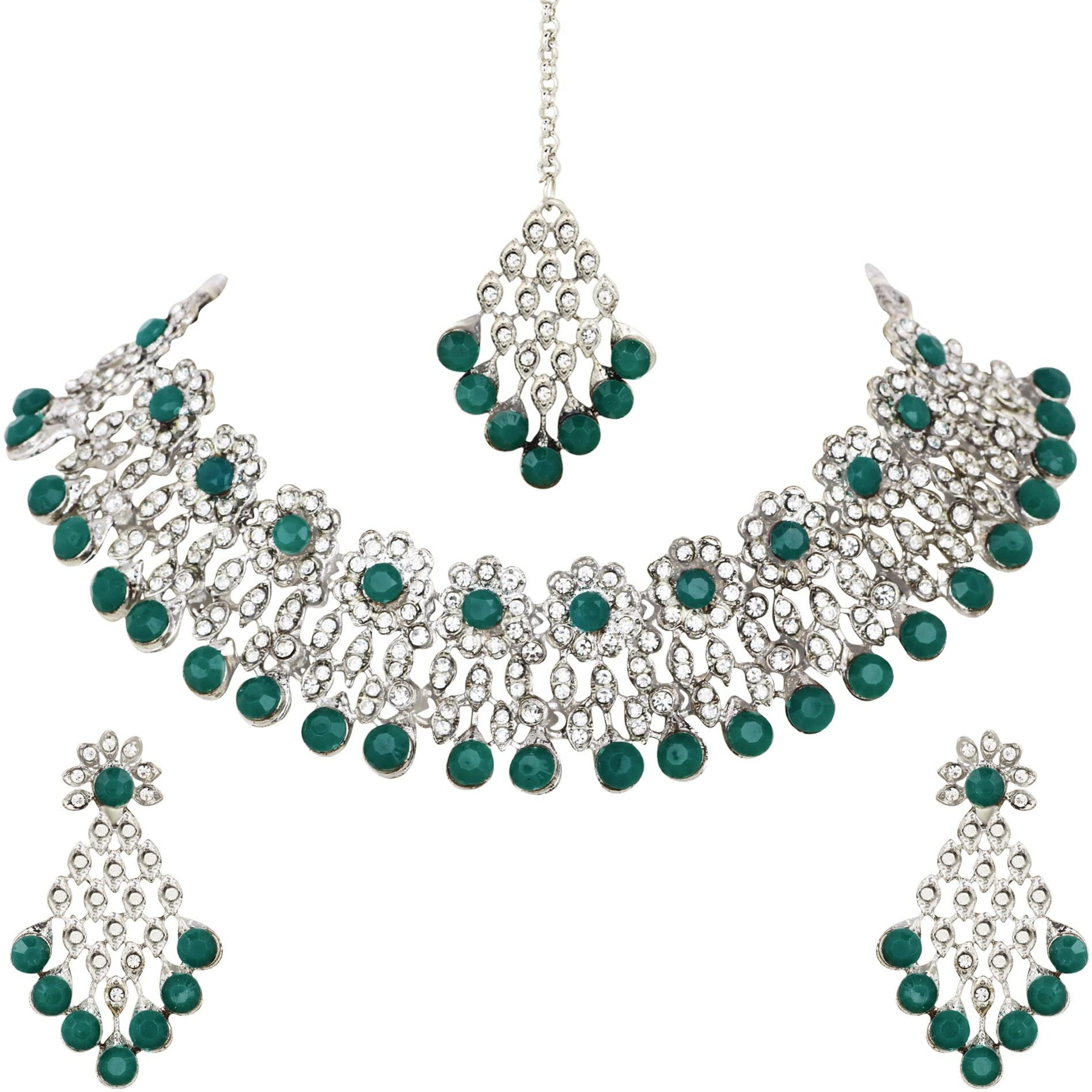 Atasi International Women Silver Plated Green Kundan Necklace Set With Earrings And Maangtikka -Jewellery Set Collection For Weddings, Parties, And Festivals (Dg5379)