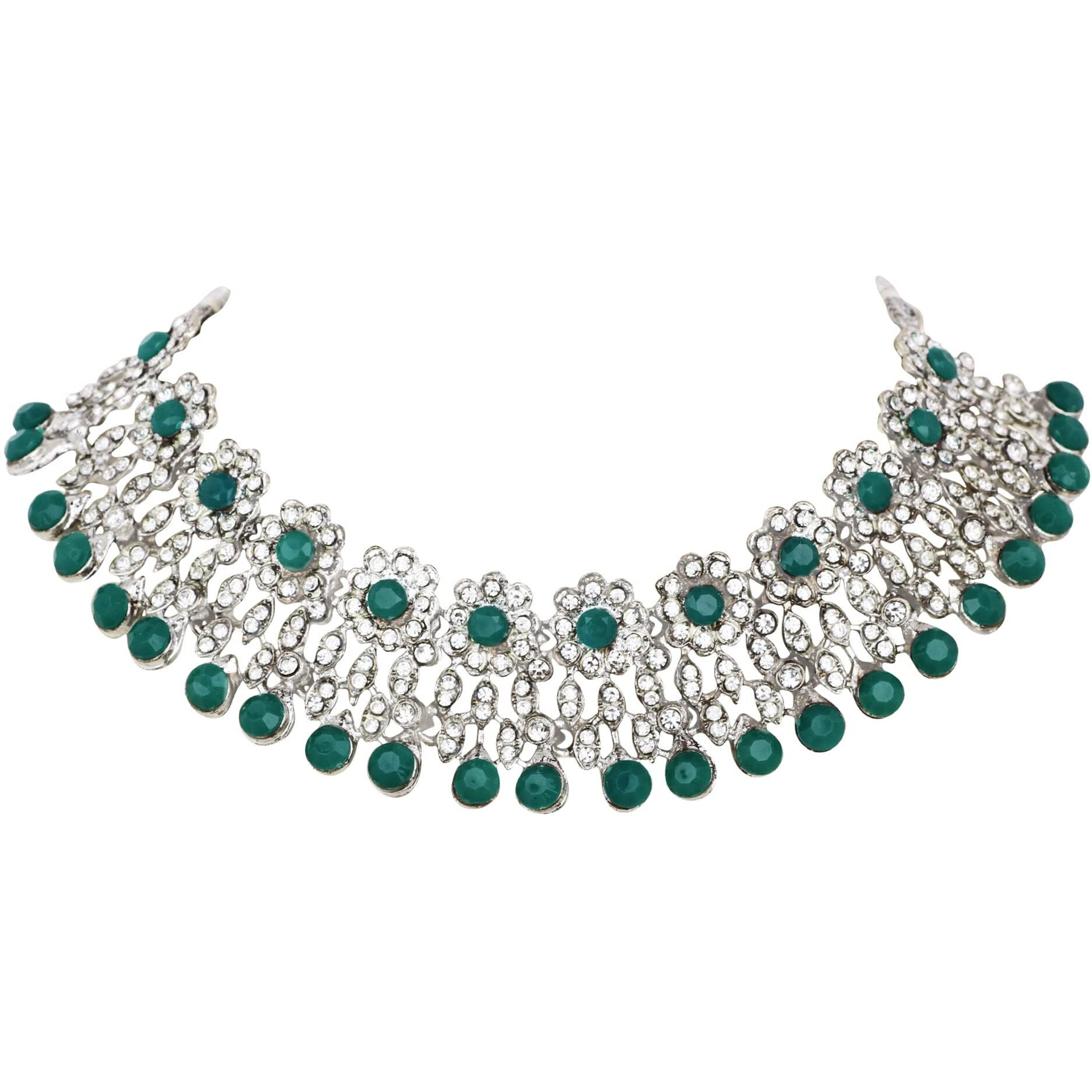 Atasi International Women Silver Plated Green Kundan Necklace Set With Earrings And Maangtikka -Jewellery Set Collection For Weddings, Parties, And Festivals (Dg5379)