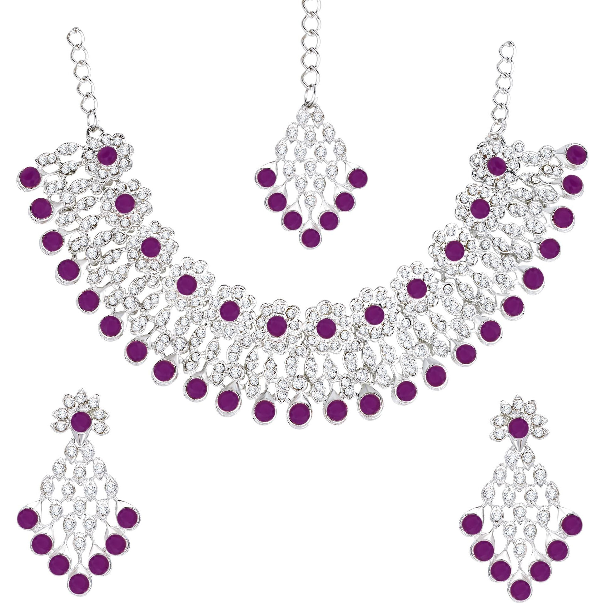 Atasi International Silver Plated Purple Crystals Ad Diamond Necklace Set With Earrings And Maang Tikka, Suitable For Bridal, Wedding, Party (Rpu5379, Womens)
