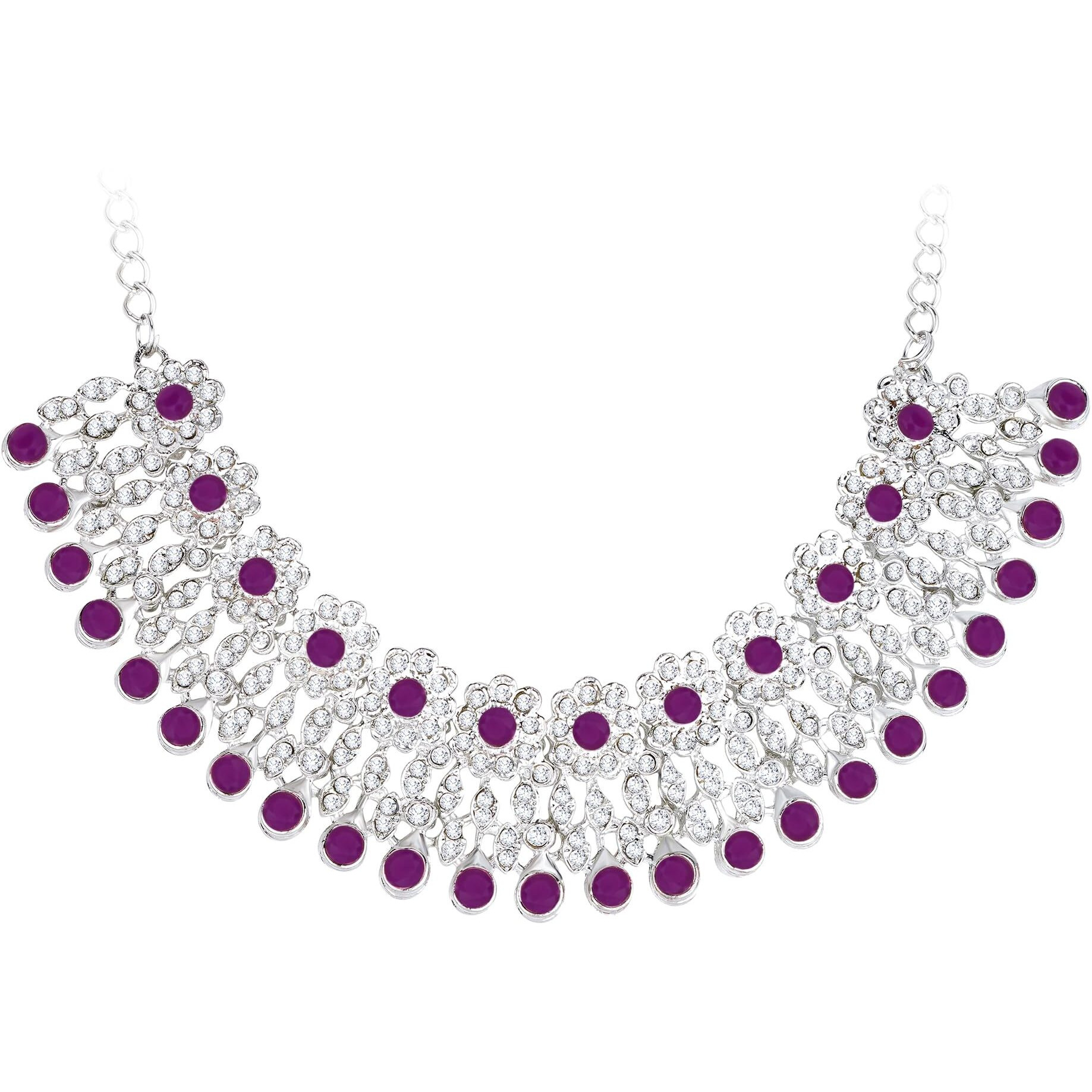 Atasi International Silver Plated Purple Crystals Ad Diamond Necklace Set With Earrings And Maang Tikka, Suitable For Bridal, Wedding, Party (Rpu5379, Womens)