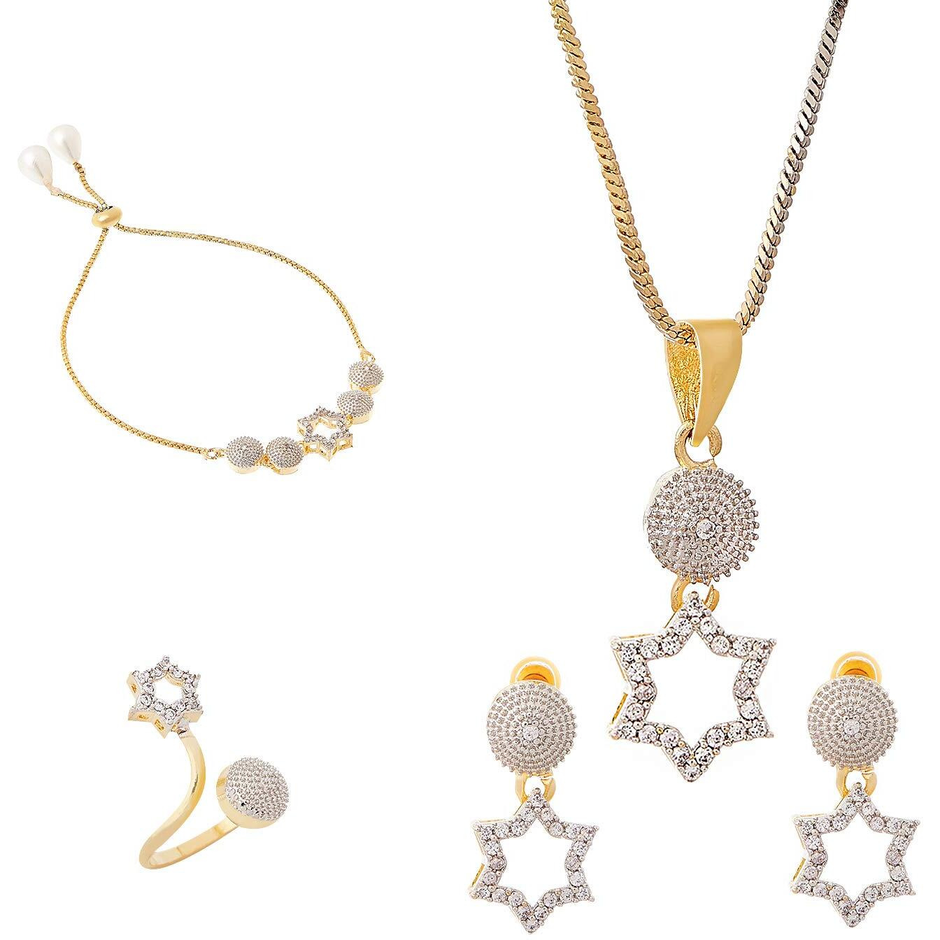 ZENEME Jewellery Set for Women American Diamond Star Shaped Necklace Set with Earrings, Bracelet and Ring Jewellery for Girls and Women