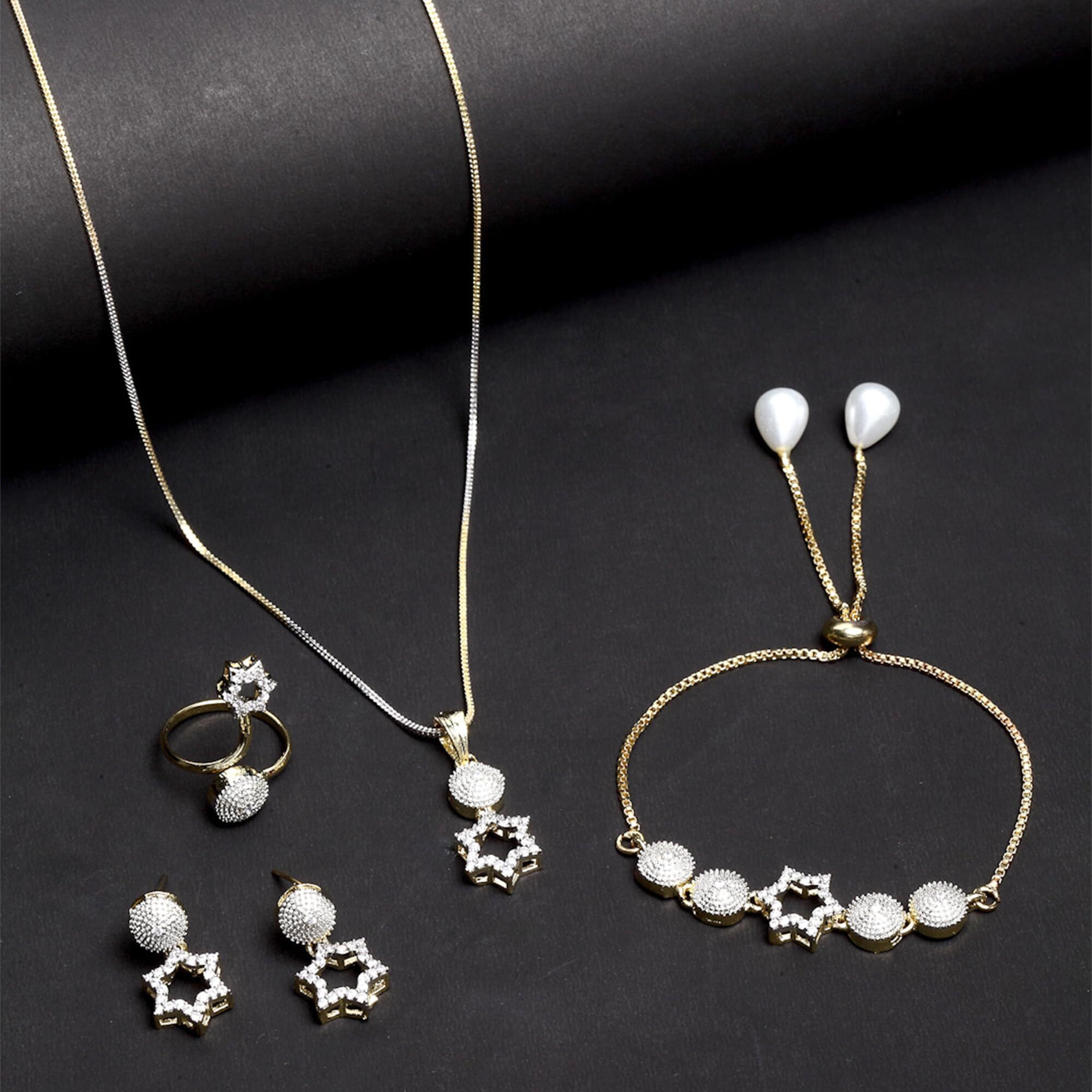 ZENEME Jewellery Set for Women American Diamond Star Shaped Necklace Set with Earrings, Bracelet and Ring Jewellery for Girls and Women