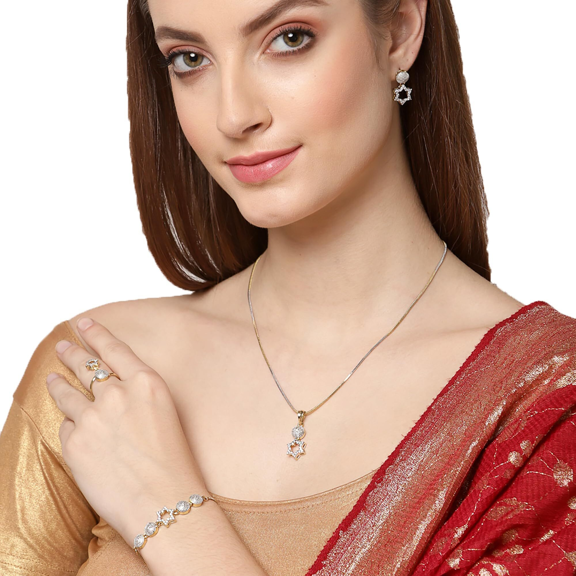 ZENEME Jewellery Set for Women American Diamond Star Shaped Necklace Set with Earrings, Bracelet and Ring Jewellery for Girls and Women