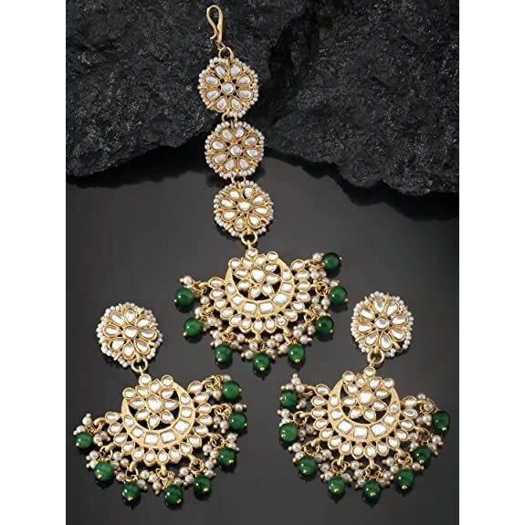 I Jewels Gold Plated With Stunning Matte Finish Traditional Kundan & Faux Pearl Chandbali Earrings With Maang Tikka Set (Te2911G, Womens)