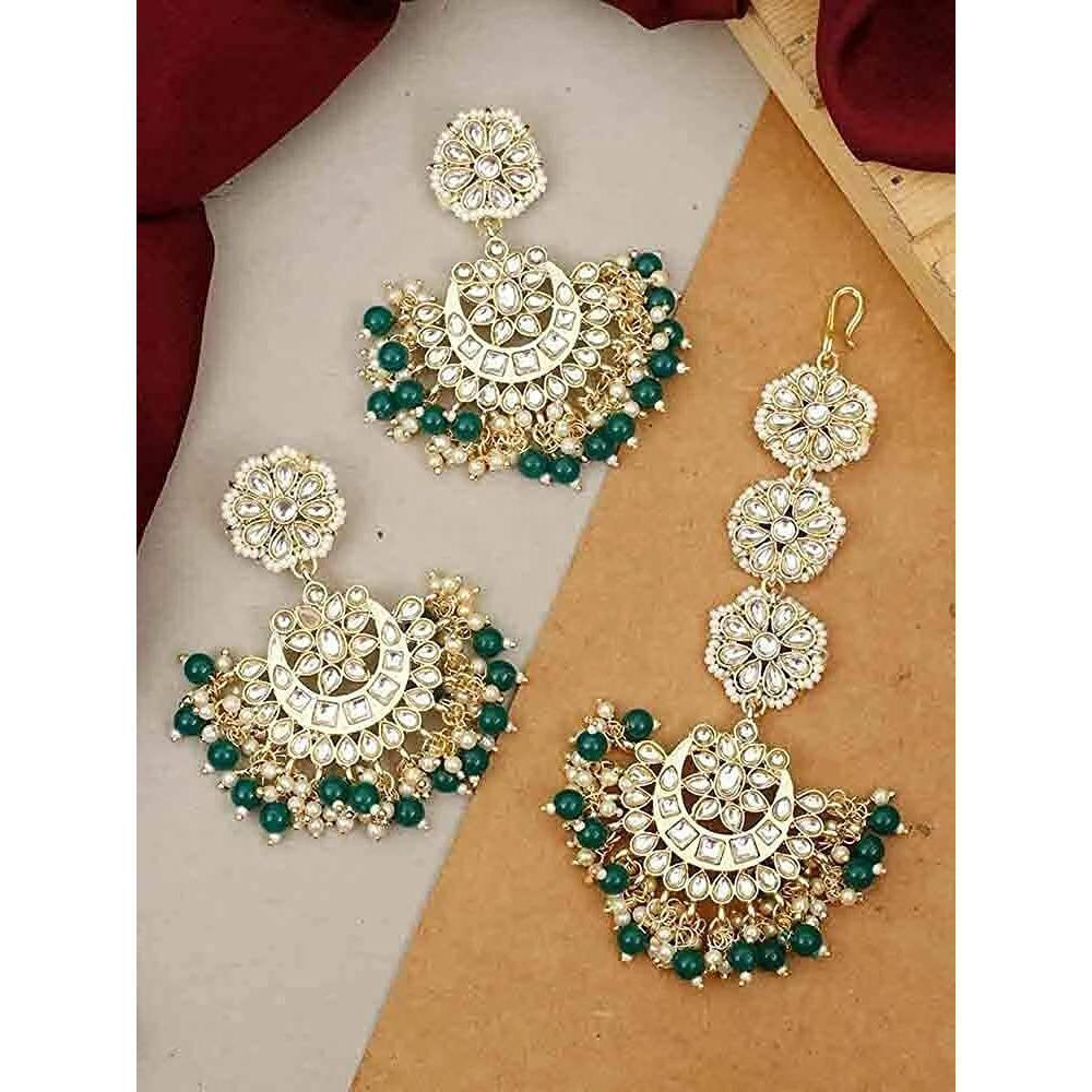 I Jewels Gold Plated With Stunning Matte Finish Traditional Kundan & Faux Pearl Chandbali Earrings With Maang Tikka Set (Te2911G, Womens)