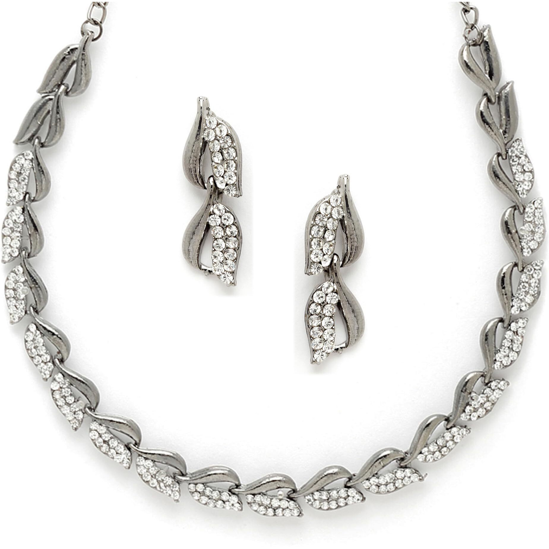 ZENEME Women American Diamond Studded Intrcately Designed Leaf Shaped Necklace With Earring Jewellery Set For Women and Girl (Style 3)