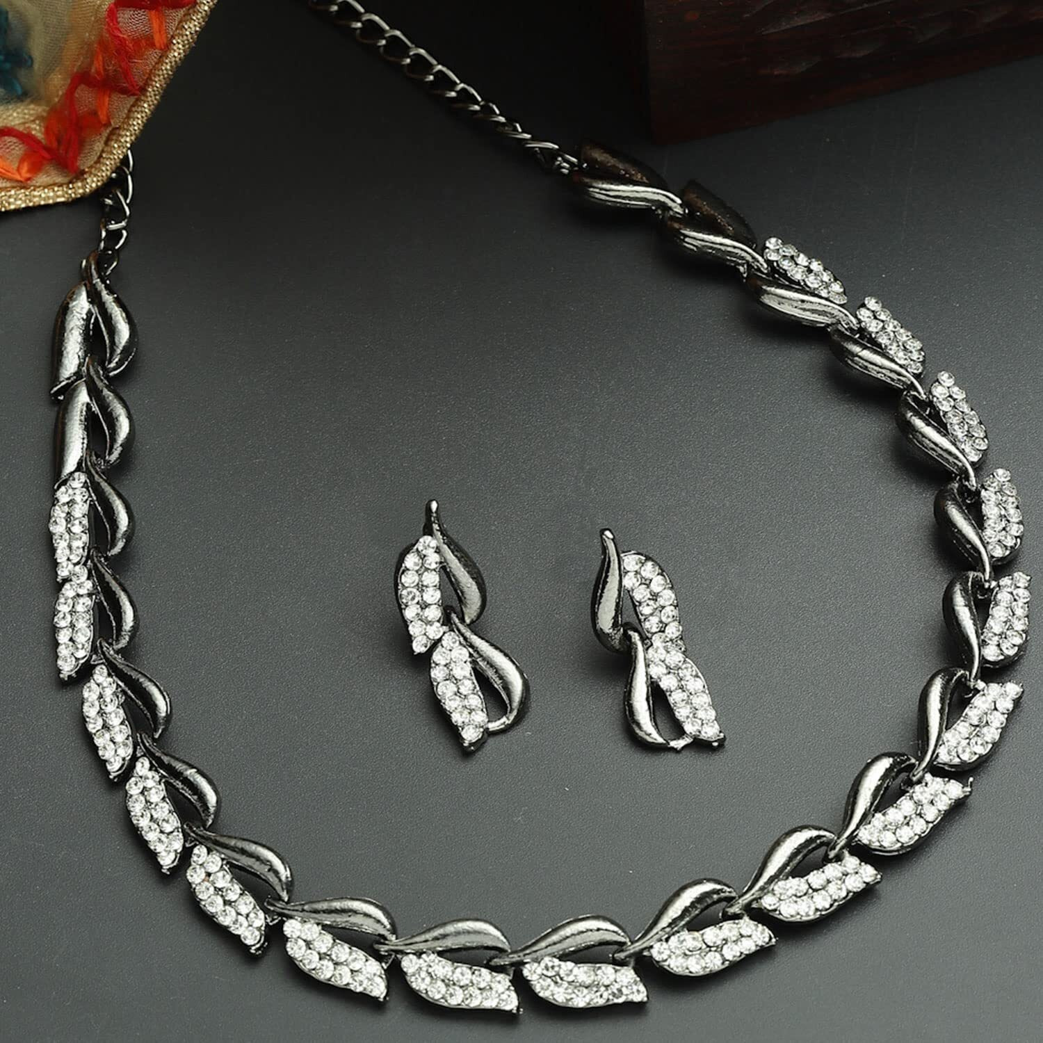 ZENEME Women American Diamond Studded Intrcately Designed Leaf Shaped Necklace With Earring Jewellery Set For Women and Girl (Style 3)
