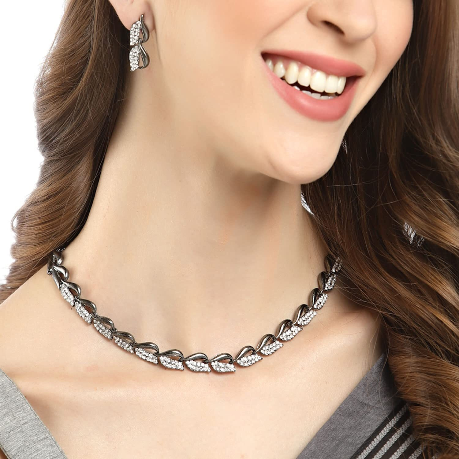 ZENEME Women American Diamond Studded Intrcately Designed Leaf Shaped Necklace With Earring Jewellery Set For Women and Girl (Style 3)