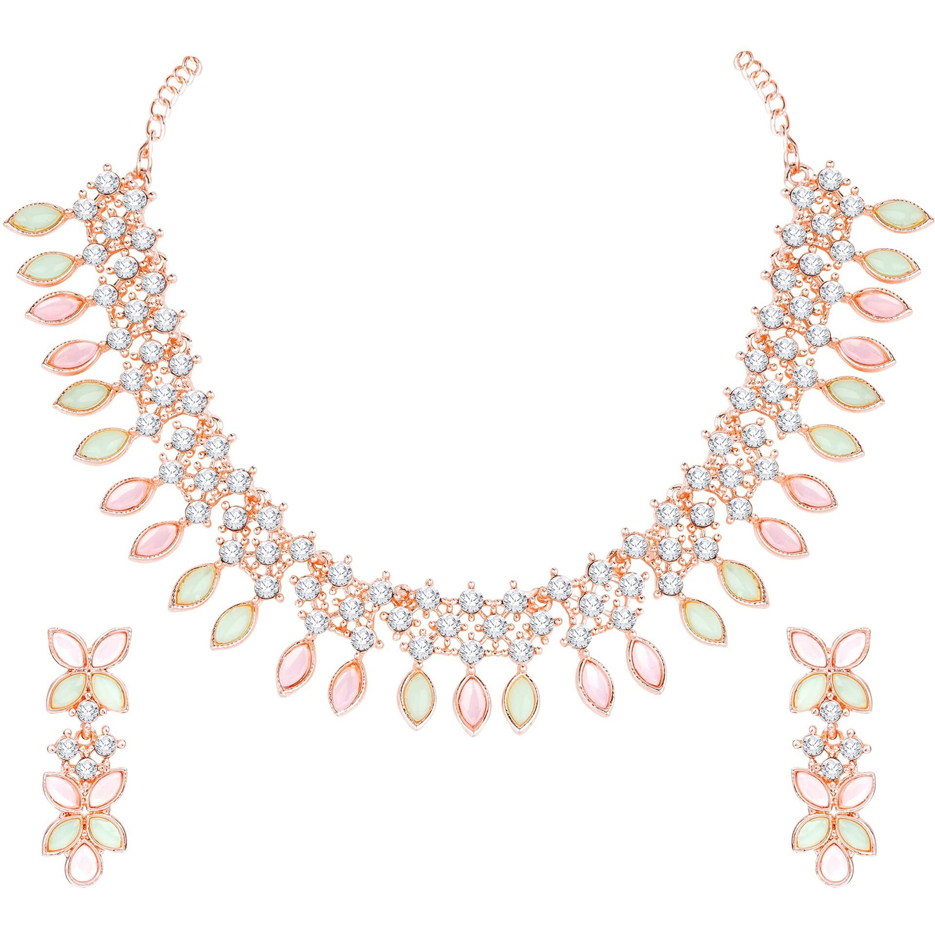 Atasi International Gold Plated Mint Pink & Green Crystals AD Diamond Jewellery Necklace Set for Women (MPG5775)