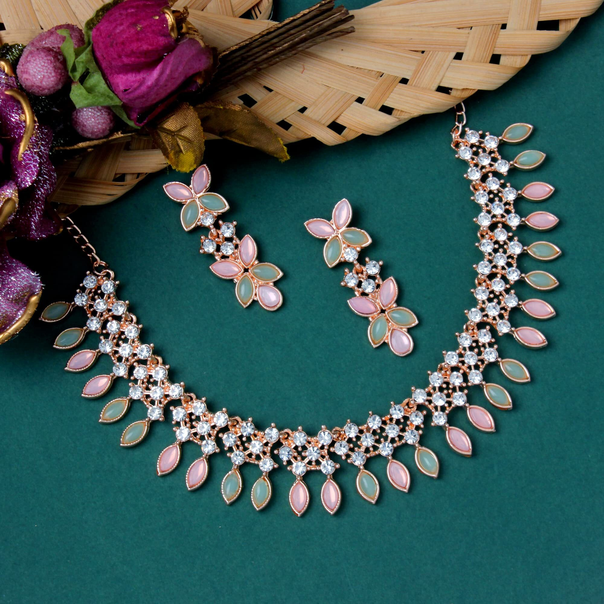Atasi International Gold Plated Mint Pink & Green Crystals AD Diamond Jewellery Necklace Set for Women (MPG5775)