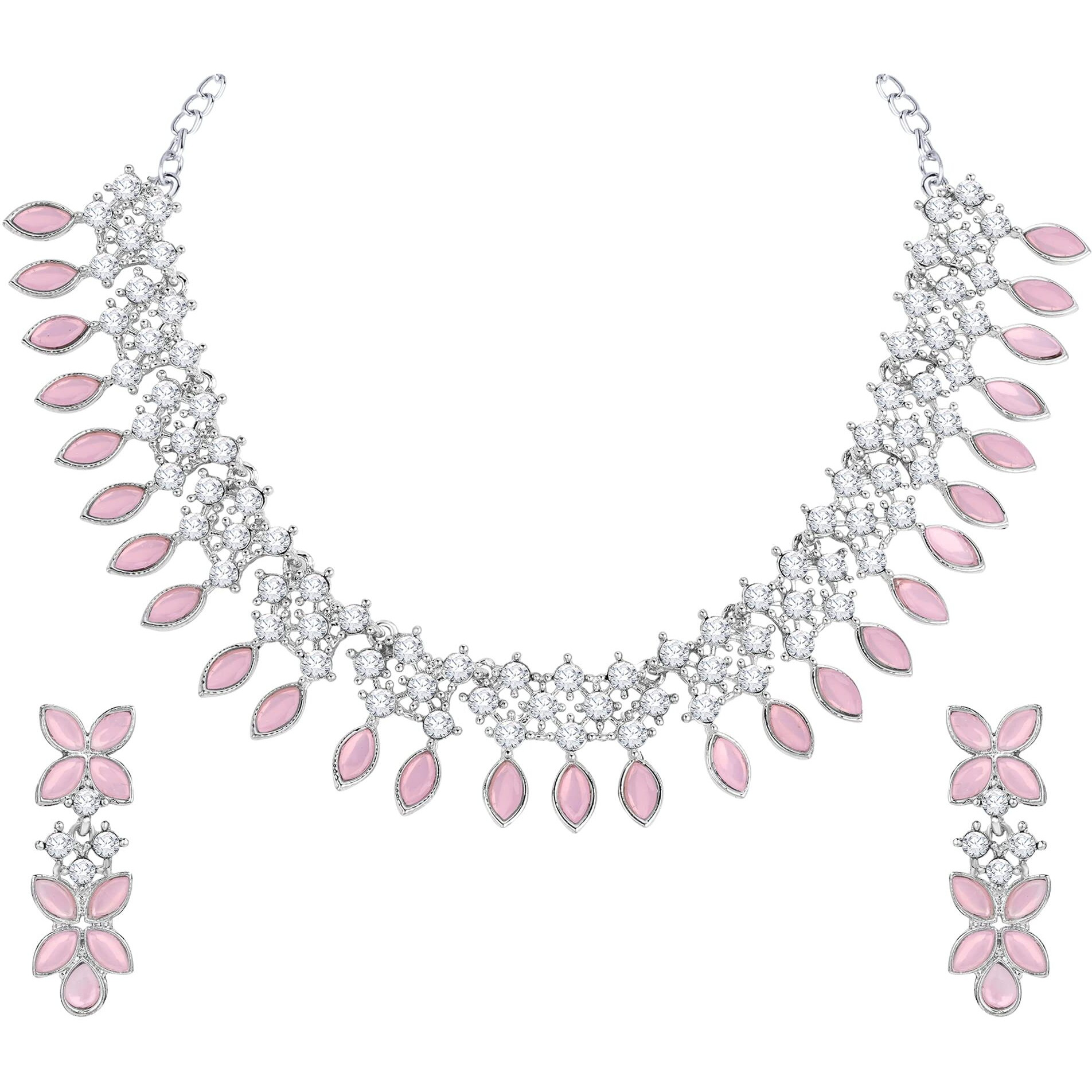 Atasi International Silver Plated Mint Pink Crystals AD Diamond Jewellery Necklace Set for Women (RMP5775)