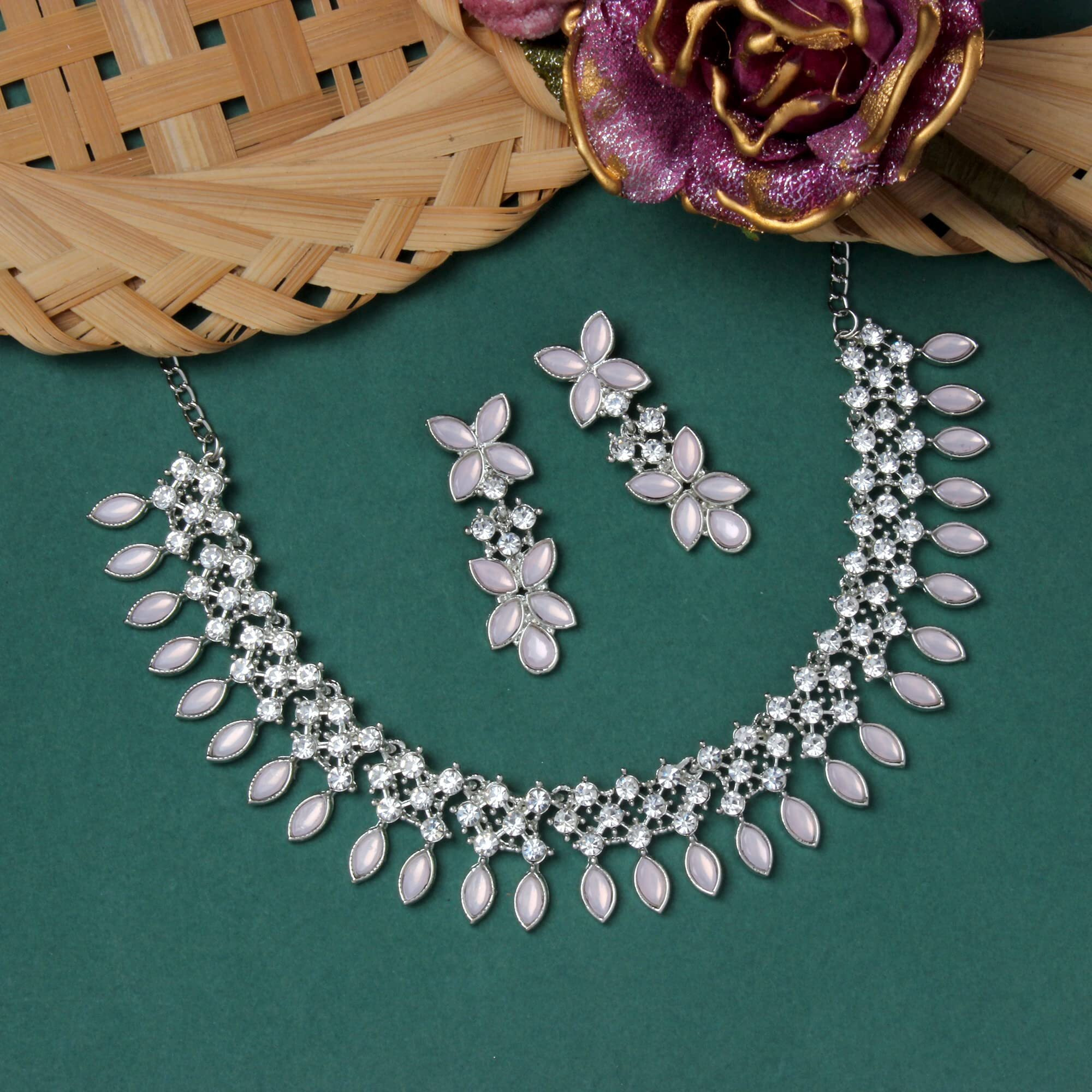 Atasi International Silver Plated Mint Pink Crystals AD Diamond Jewellery Necklace Set for Women (RMP5775)