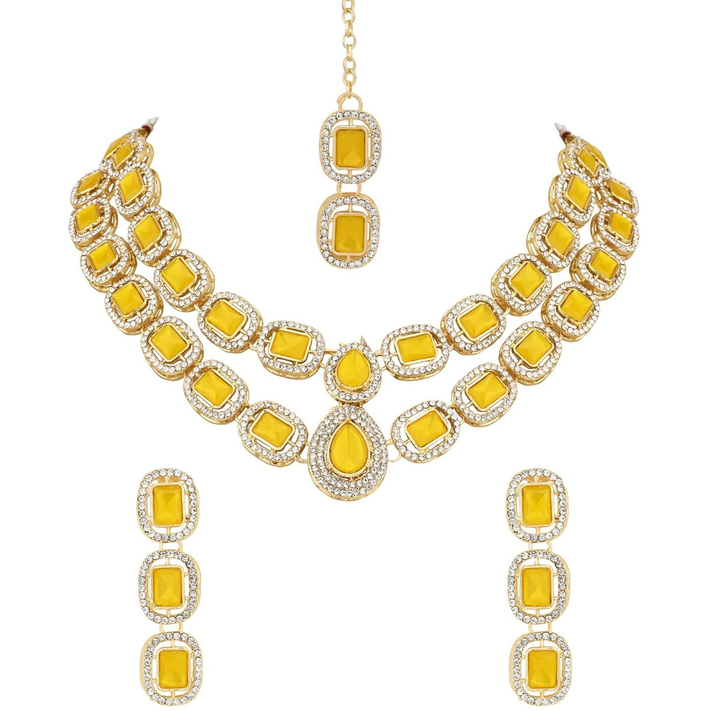 I Jewels Gold Plated Traditional Stone Choker Necklace Jewellery With Earring & Maang Tikka Set For Women And Girls (Yellow)