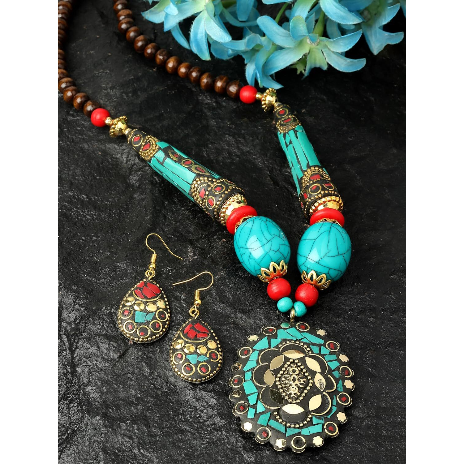 Shining Diva Fashion Latest Stylish Traditional Tibetan Pendant Necklace Oxidised Jewellery Set for Women (15541s)