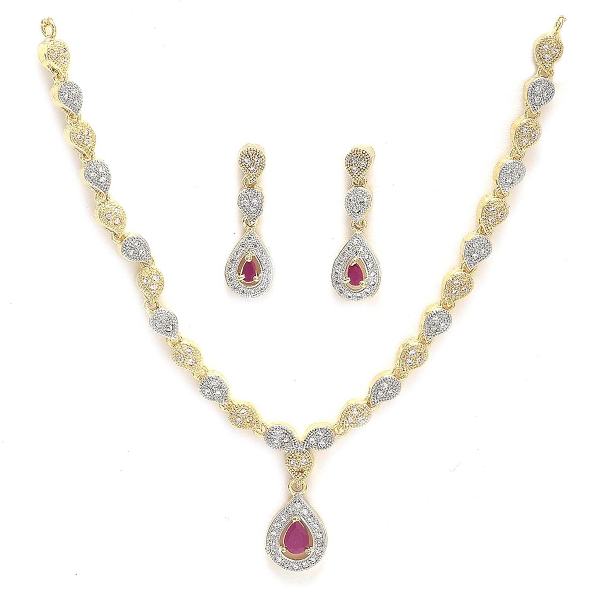 ZENEME Jewellery Set Gold Plated Glossy American Diamond Necklace Set With Earrings Jewellery For Women & Girls