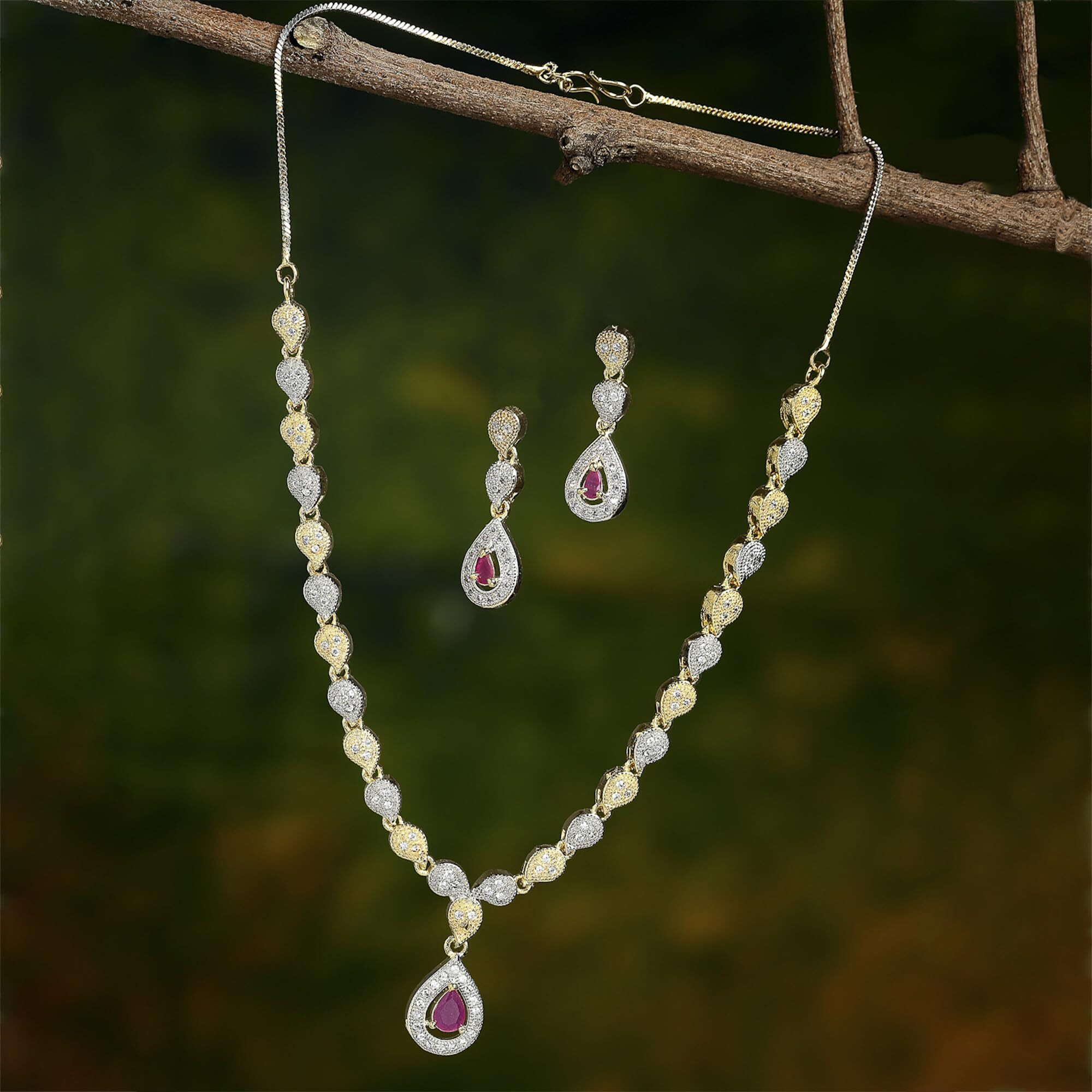 ZENEME Jewellery Set Gold Plated Glossy American Diamond Necklace Set With Earrings Jewellery For Women & Girls