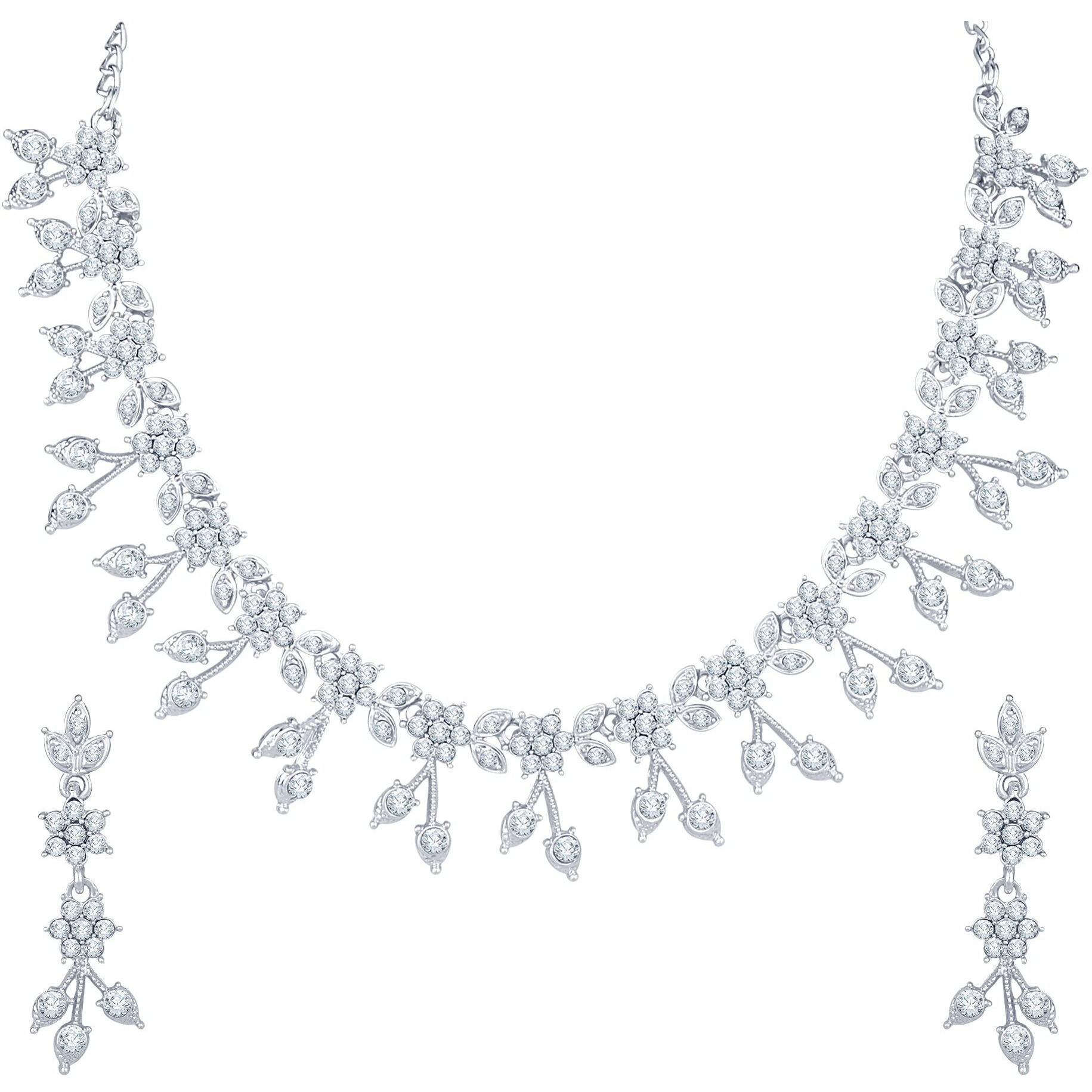 Atasi International Silver Plated Crystal AD Diamond Necklace Jewellery Set with Earrings for Women and Girls Suits Best Party, Wedding and Occasional Wear (R5570)