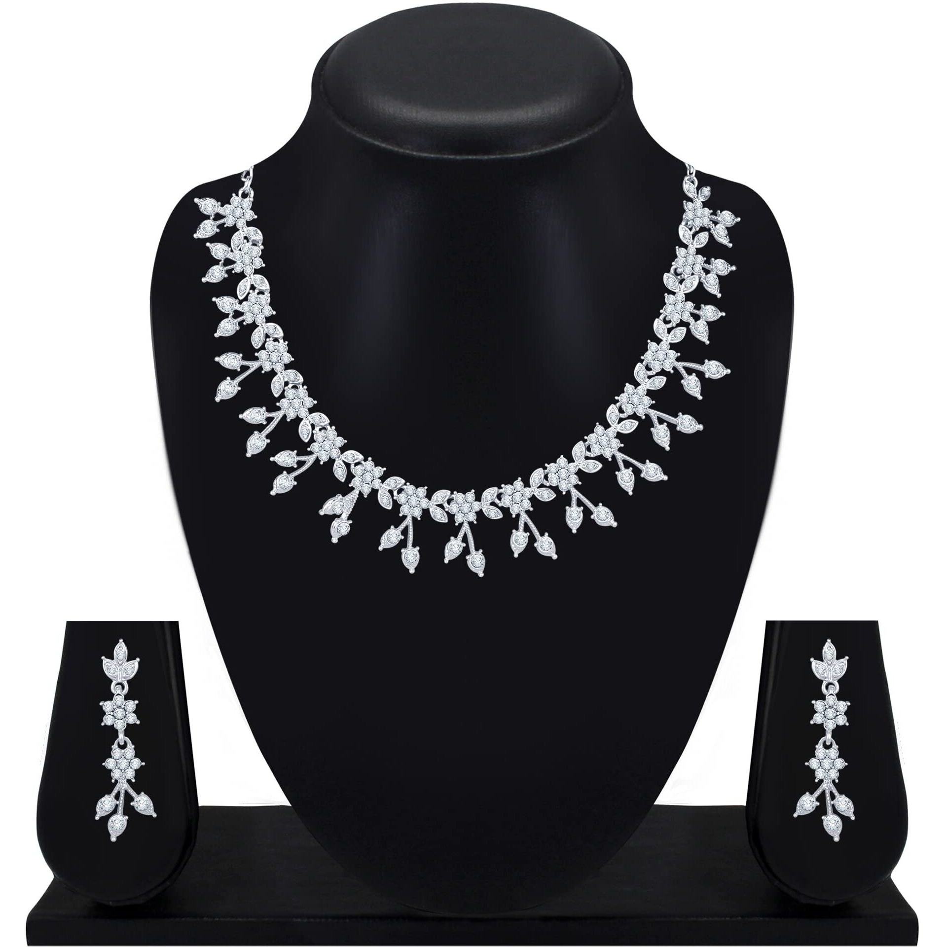 Atasi International Silver Plated Crystal AD Diamond Necklace Jewellery Set with Earrings for Women and Girls Suits Best Party, Wedding and Occasional Wear (R5570)