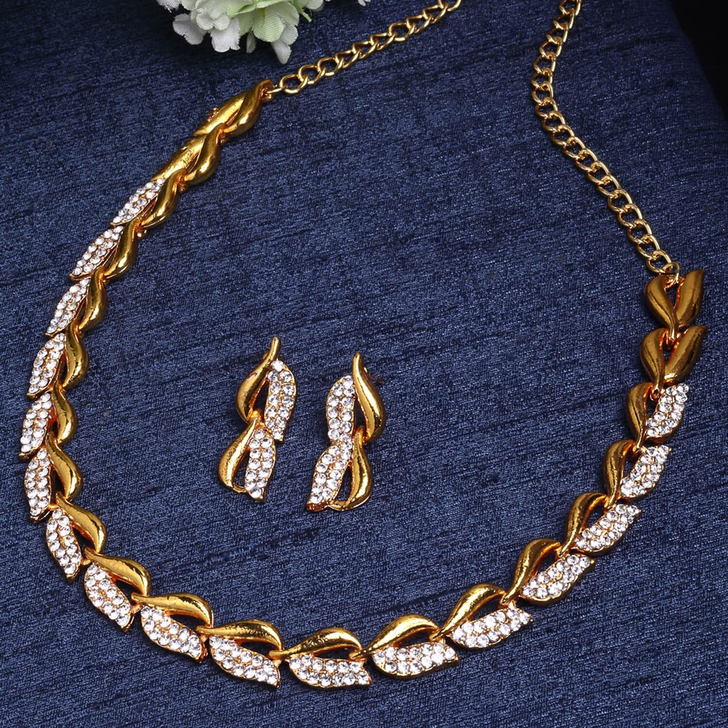 ZENEME Women American Diamond Studded Intrcately Designed Leaf Shaped Necklace With Earring Jewellery Set For Women and Girl (Style 1)