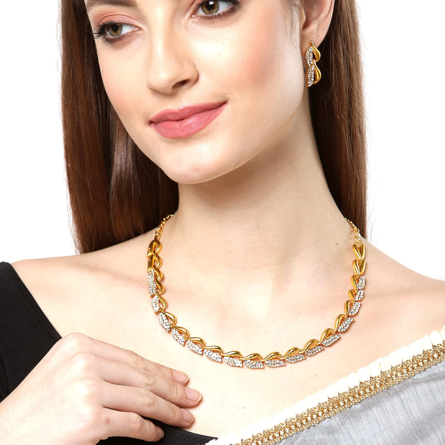ZENEME Women American Diamond Studded Intrcately Designed Leaf Shaped Necklace With Earring Jewellery Set For Women and Girl (Style 1)