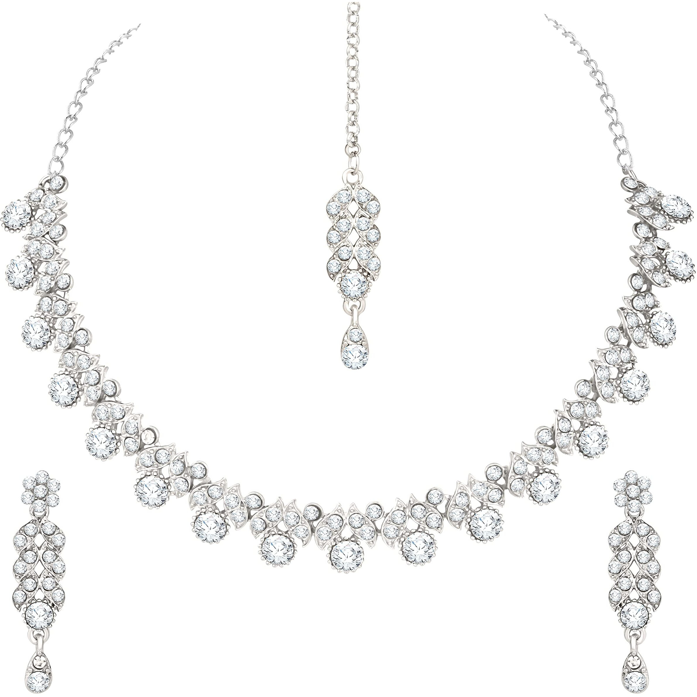 Atasi International Silver Plated Austrian Diamond Necklace with Earrings & Maang Tikka - Jewellery Set for Weddings, Parties and Festivals For Women (R5629)