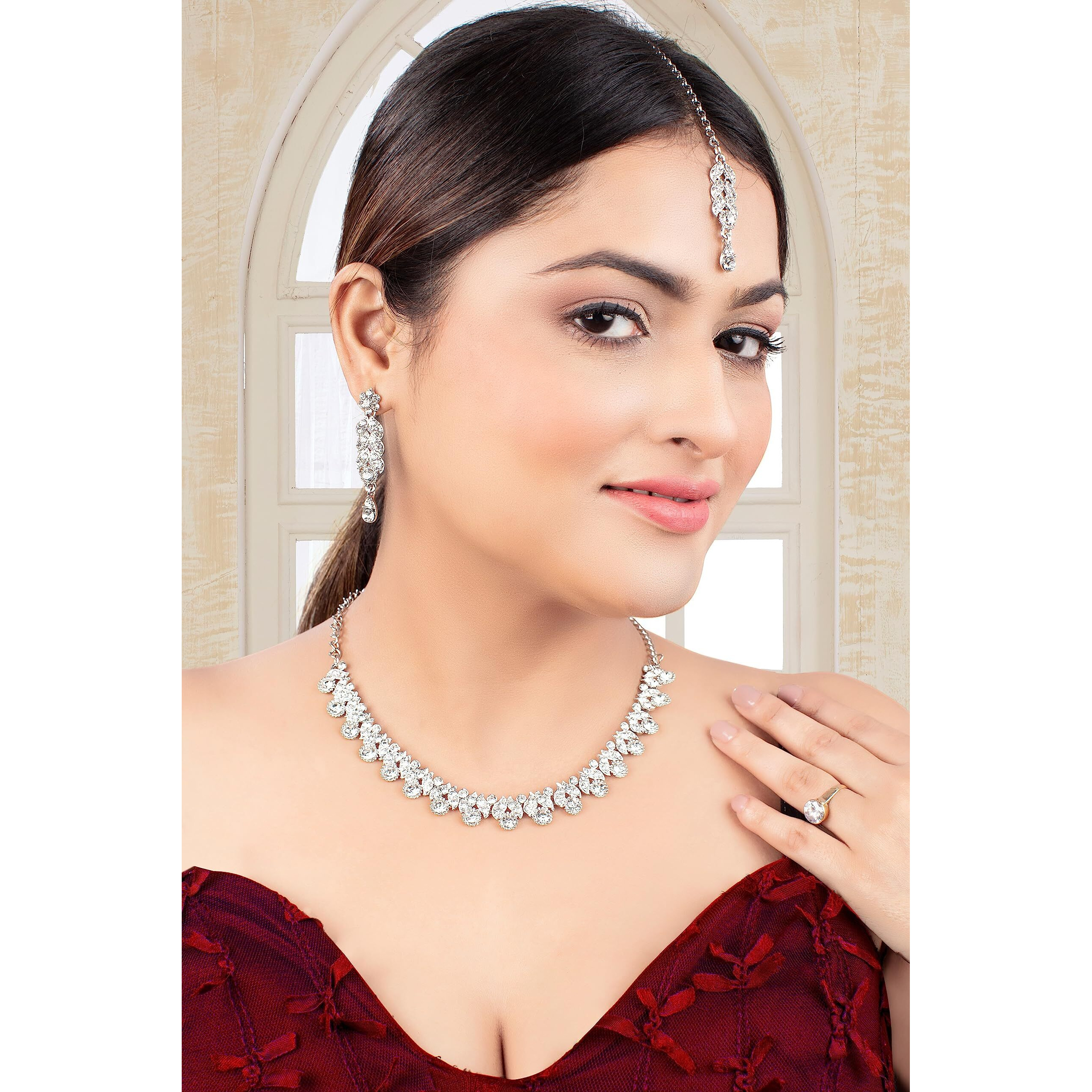 Atasi International Silver Plated Austrian Diamond Necklace with Earrings & Maang Tikka - Jewellery Set for Weddings, Parties and Festivals For Women (R5629)