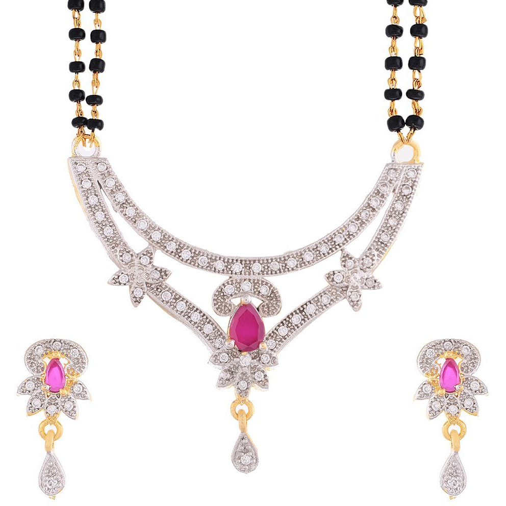 ZENEME Mangalsutra Gold Plated American Diamond Studded Tanmaniya Nallapusalu With Earrings Jewellery For Women (Style 14)
