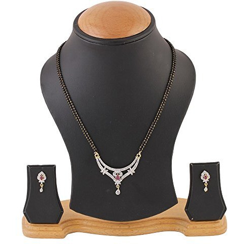ZENEME Mangalsutra Gold Plated American Diamond Studded Tanmaniya Nallapusalu With Earrings Jewellery For Women (Style 14)