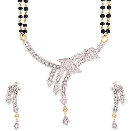 ZENEME Mangalsutra Gold Plated American Diamond Studded Tanmaniya Nallapusalu With Earrings Jewellery For Women (Style 9)