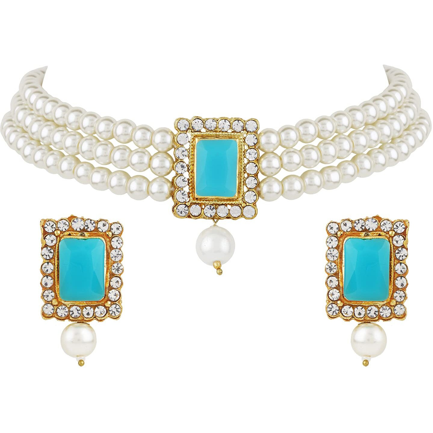 Shining Diva Fashion Latest Stylish Choker Traditional Pearl Necklace Jewellery Set for Women (Firozi)(A12684s), One