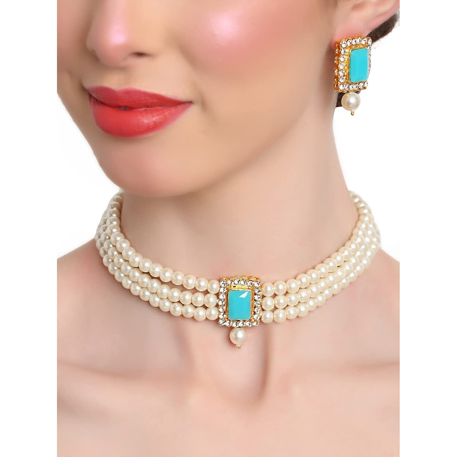 Shining Diva Fashion Latest Stylish Choker Traditional Pearl Necklace Jewellery Set for Women (Firozi)(A12684s), One