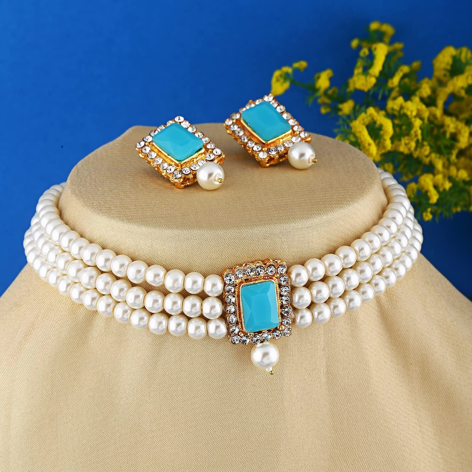 Shining Diva Fashion Latest Stylish Choker Traditional Pearl Necklace Jewellery Set for Women (Firozi)(A12684s), One