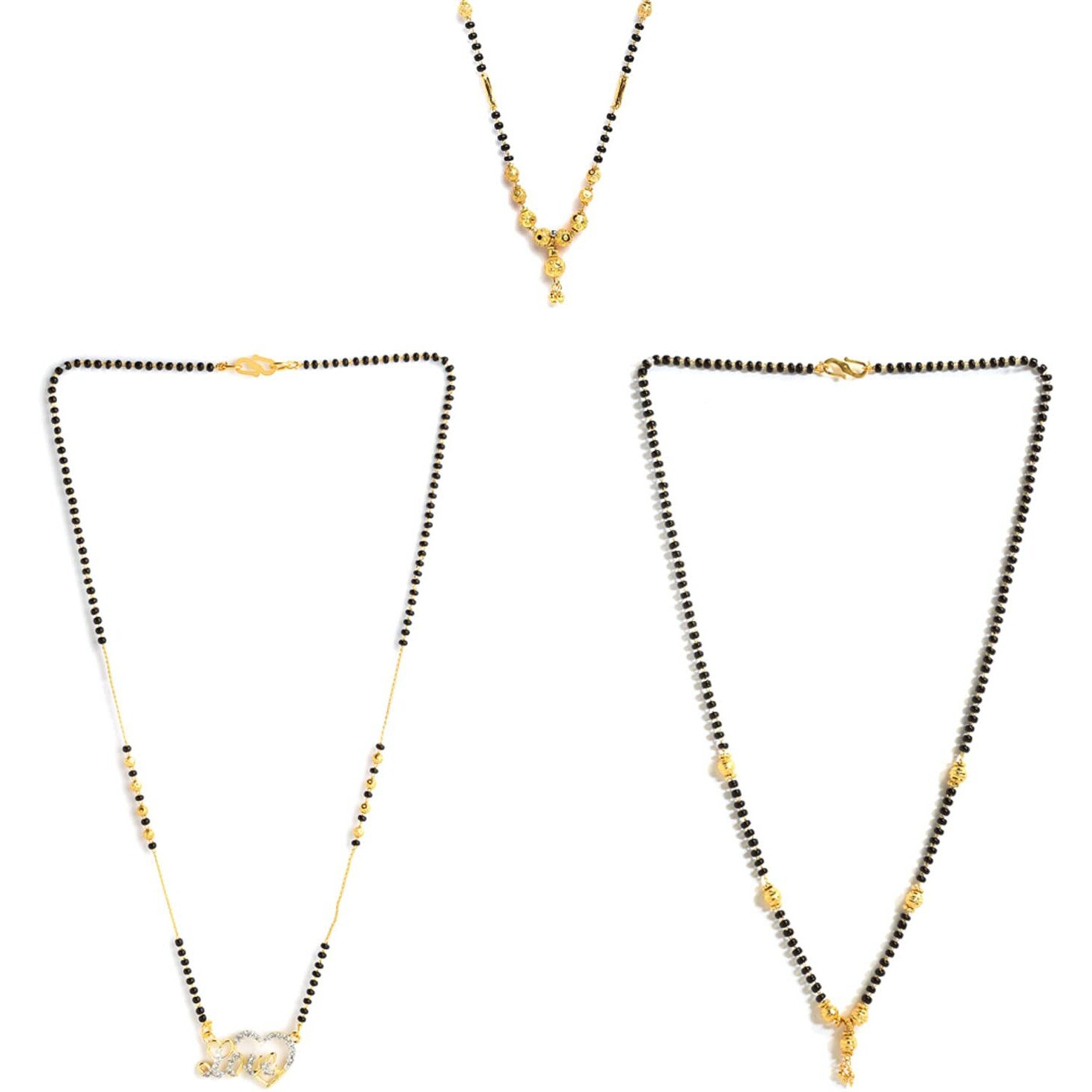 ZENEME Sparkling Gold Plated Wedding Jewellery American Diamond Solitaire Mangalsutra Tanmaniya Combo For Women (Combo 09)