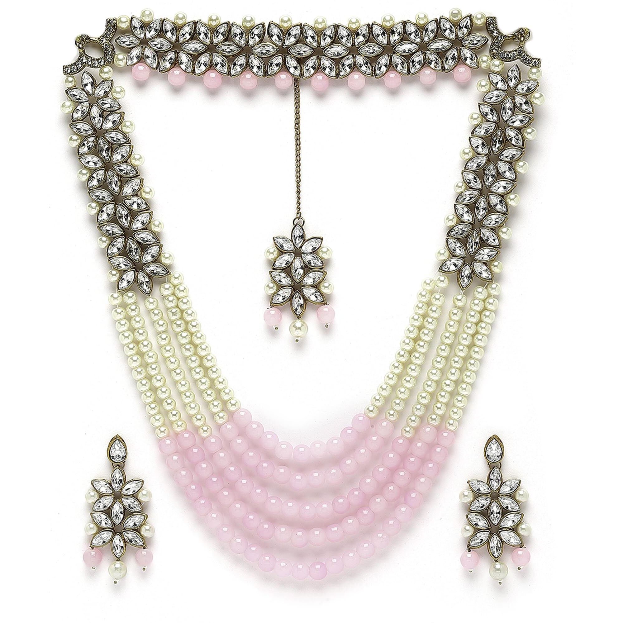 ZENEME Jewellery Sets for Women Gold Plated Bridal Long Necklace Set Neck Choker with Earrings and Maang Tikka for Women & Girls (Pink & White)