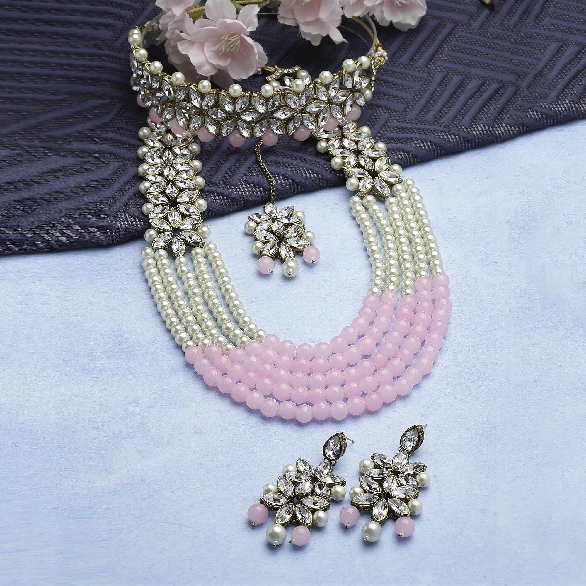 ZENEME Jewellery Sets for Women Gold Plated Bridal Long Necklace Set Neck Choker with Earrings and Maang Tikka for Women & Girls (Pink & White)