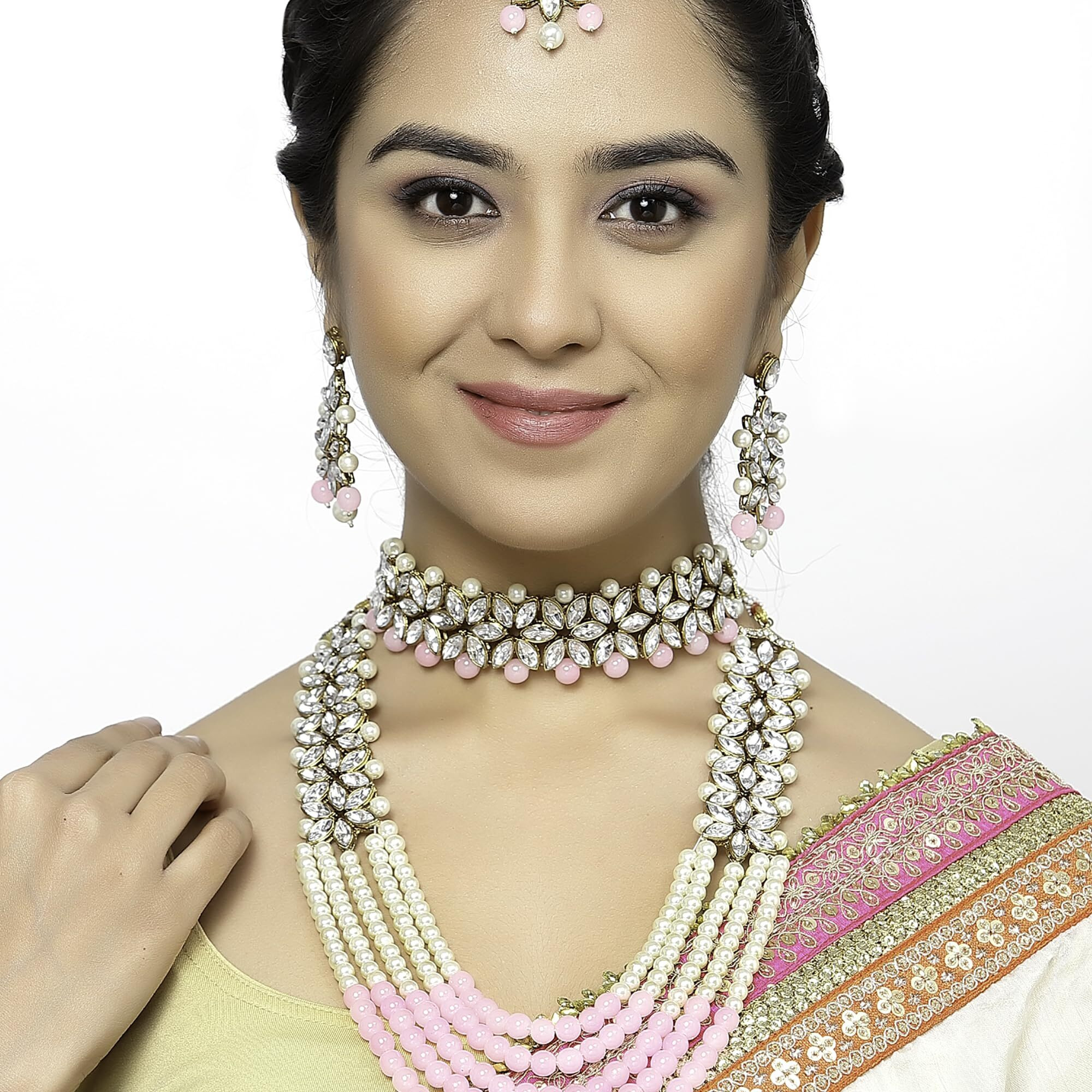 ZENEME Jewellery Sets for Women Gold Plated Bridal Long Necklace Set Neck Choker with Earrings and Maang Tikka for Women & Girls (Pink & White)